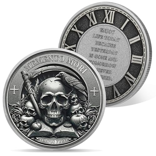 AtSKnSK Memento Mori Münze TEMPUS FUGIT Münze Totenkopf Herausforderungs Münze Raben Medaillon Chip Stoische Geschenke Erinnerungsstück für Damen und Männer