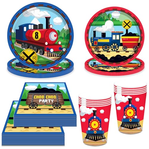 Bikasun Zug Geburtstag Party Supplies, Zug Partygeschirr Train, Zug Geburtstag Party Geschirr Set Zug Geburtstag Teller Train Kindergeburtstag Deko Auto Pappteller Becher Servietten Tischdeko