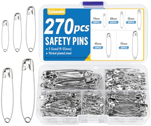Caianwin 270 Stück Sicherheitsnadeln Set - 5 Größen Sicherheitsnadel Klein(19mm/28mm/32mm) und Sicherheitsnadeln Groß(45mm/55mm) Silber, Metall Sicherheitsnadel für Kunsthandwerk Nähen DIY
