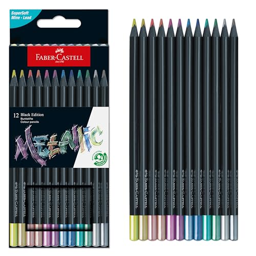 Faber-Castell Black Edition Metallic-Buntstifte: 12 Stück, schwarzes Holz und superweiche Mine, Buntstifte, Buntstifte für Kinder, Anfänger und Künstler