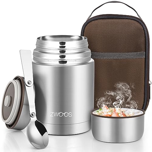ZWOOS 800 ml Thermobehälter für Essen, 316 Edelstahl Wärmebehälter für speisen, Auslaufsicher Thermobecher Essen mit Edelstahllöffel, 12 Stunden Heiß, 12 Stunden Kalt (Silber)