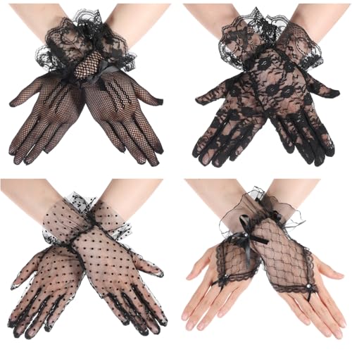 LLOUSSAK Spitzen Handschuhe, 4 Paar Netzhandschuhe Spitzen Schwarze kurze Damen Handschuhe mit Schleife für Hochzeitsessen 1980 Party Kostüme Maskerade Zubehör