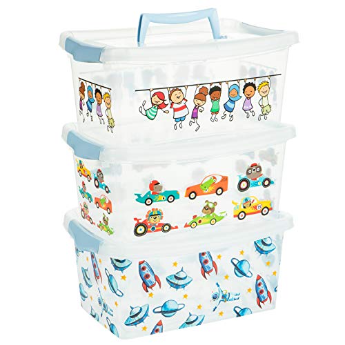 Aufbewahrungsbox Kinder Modell Blue, 3 Stück Aufbewahrungsboxen Kinder, 4L Kisten Aufbewahrung mit Deckel, Griff, Aufbewahrungsbox mit Deckel Kinder, Plastikbox mit Deckel Clickverschluss Boxen