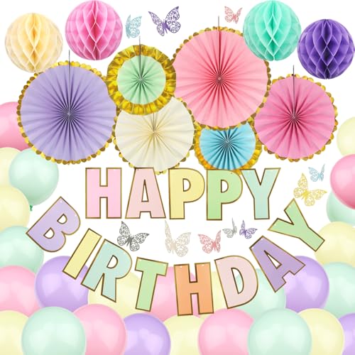 ZERODECO Pastell Geburtstag Party Dekorationen, 3D Schmetterling Wand Dekor Bunte Papier Waben Fans Pompoms Ballons für Kinder Baby Erwachsene Jungen Mädchen Pastell Geburtstag Party Dekorationen