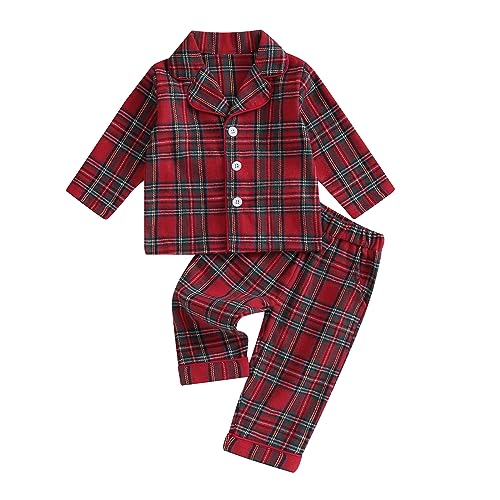 Nokiwiqis Kleinkind Baby Jungen Mädchen Kariert Weihnachten Pyjama Zweiteiliger Schlafanzug Sleepwear Langarm Knopfleiste Oberteil und Hose Pjs Set Hausanzug Nachtwäsche (Rot, 12-18 Months)