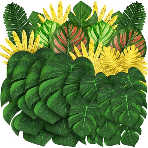 QUOZUO 50 Stück Tropische Blätter Dekorationen, Künstlich Monstera Pflanze Palmenblätte mit Stielen, Palm Blätter für Dschungel Dekorationen Strand Geburtstag Luau Hawaiian Dekorationen
