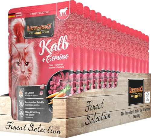 Leonardo Frischebeutel [16x85g Kalb + Gemüse] | Getreidefreies Nassfutter für Katzen | Feuchtfutter Alleinfutter im Einzelportionsbeutel