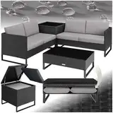tectake® Poly Rattan Lounge Sitzgruppe, Gartenmöbel Set mit Sofa, Tisch mit Glasplatte, Auflagenbox, Outdoor Kissen wetterfest, Möbel für Garten, Balkon, Terrasse oder Wintergarten - schwarz