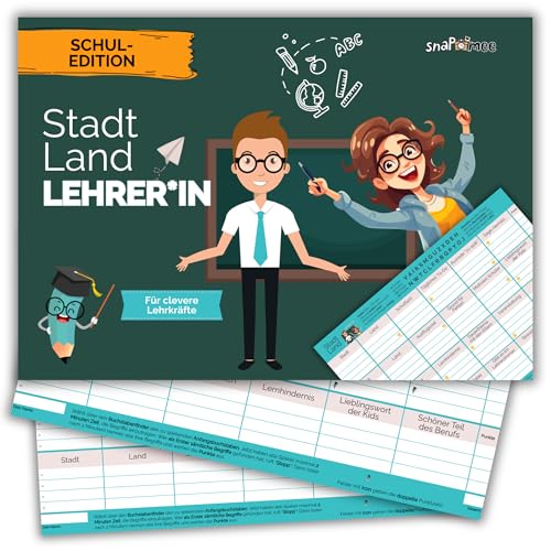 Stadt Land Fluss Lehrer + Lehrerin by snaPmee - Schule-Edition als Quiz Geschenk für Klassenlehrer & Schüler - 50 Blatt Din-A4 Block