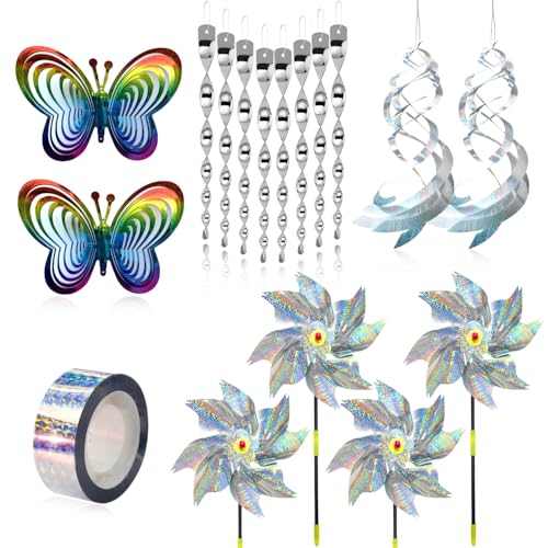 PASLFC 17 Stück Reflektierende Vogelschreck Set, Vogelabwehr Windrad, Taubenabwehr Windrad, Reflektierende Windräder, Vogelschreck Windrad, Windspirale Vogelabwehr, Vogelband, Vogelabwehr Band