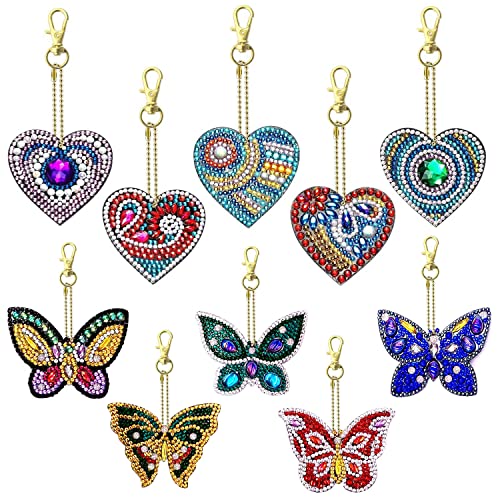 YICH Diamond Painting Schlüsselanhänger Diamant Malerei Schlüsselbund 10stk Schmetterling Und Herz Strass 5d Diy Doppelseitige Bohrer Für Stickerei Frauen Mädchen Handtasche Schlüssel Tasche Dekor