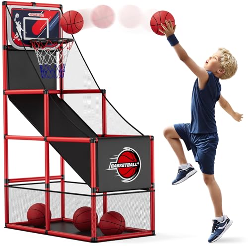 HYES Basketball Arcade Spiel, Kinder Basketballständer mit 4 Bällen, Single Shot Basketballkorb Indoor Outdoor, Karnevalsspiele Sport Spielzeug Geschenke für Jungen Mädchen Teens Alter 3-12 Jahre alt