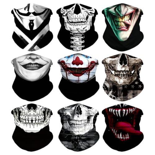 Meleager Multifunktionstuch Gesichtsmaske, Funktionstücher Totenkopf, 9 Stück Schlauchschal Halloween(s57-01), Elastische Schlauchtuch, Sturmmaske Halstuch Bandana Herren Damen für Laufen Wandern