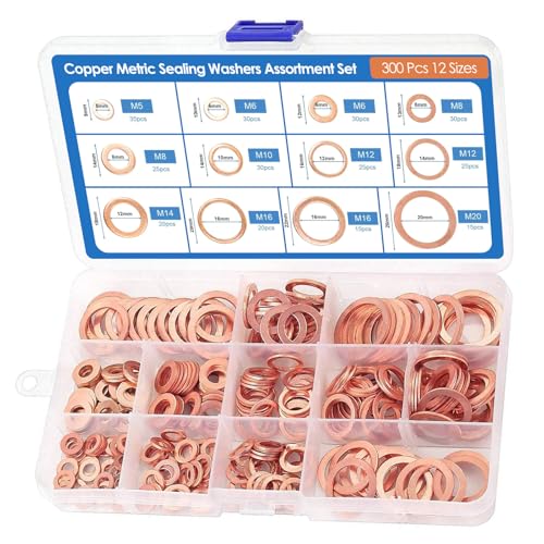 Kupferringe Sortiment set, 300pcs Kupferdichtringe Sortiment Flache Unterlegscheiben, Kupferscheiben Kupfer Metrische Dichtungsscheiben für Automobile Schiffe Generatoren Maschinen Geräte (M5-M20)