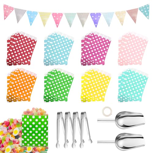 FIHODONE 87 Stück Candy Bar Zubehör Wellenpunkt, Enthält 80 Stück Candybar Tüten, 4 Zuckerzange, 2 Eisschaufel und 1 Girlande, Candybar Zubehör Set für Hochzeit Geburtstage Party