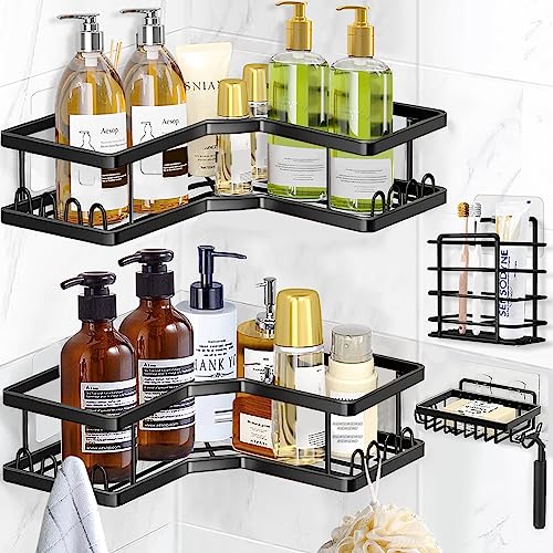 Wilkpow Duschablage, Duschkörbe Organisation Ohne Bohren, 4 Stück Duschregal Schwarz Mit Seifenschale & Haken, Badezimmer Duschregal Edelstahl Fur Badezimmer Kuche, Shower Caddy Schampoo Halterung