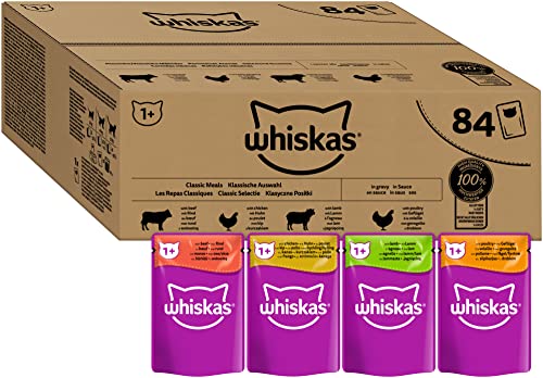 WHISKAS Adult 1+ Katzenfutter nass - ab 1 Jahr - 84x85g Portionsbeutel - Klassische Auswahl in Sauce - Katzen Nassfutter - Großpackung
