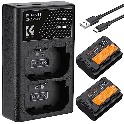 K&F Concept NP-FZ100 Ersatzakku,2er Pack 2280mAh Kameraakku USB Dual Ladegerät für Alpha 9, A9, Alpha 9R, A9R, Sony Alpha 9S, A9S, Sony A7RIII A7R3, Sony A7 III, Sony A7R4, Sony A7RIV Digitalkameras