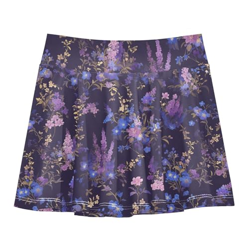 Schicker lila Blumenrock für Mädchen, athletischer Rock mit integrierten Shorts, Skorts für Mädchen, Faltenröcke für Kinder, Schicke lila Blume, 11-12 Jahre