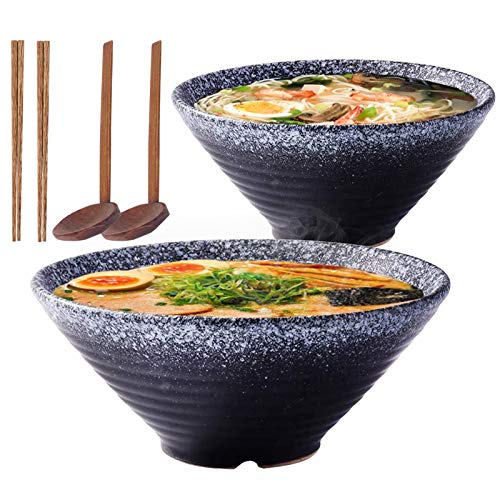 Japanische 9-Zoll-Keramik-Ramen-Nudelsuppeschüssel, 2 Sätze 1600 ml Mehrzweckschüssel mit passendem Löffel und Essstäbchen für Instantnudeln, Suppe, Nudel, Pho, Udon und Soba (black)