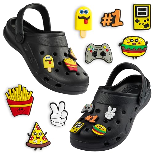 CityComfort Clogs Kinder, Gartenschuhe Badeschuhe Jungen mit abnehmbaren Anhängern (Schwarz, 30/31 EU)
