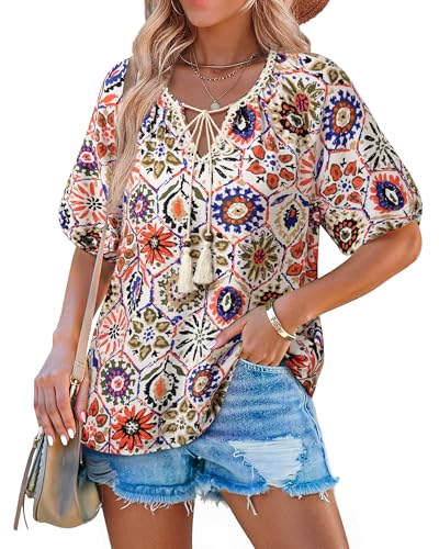 Cerrlop Boho Kleidung Damen Sommer: Vintage Bohemian Stickerei Blusenshirt - Hawaii Bluse Freizeit - Tunika Damen Große Größen - Urlaub Outfit