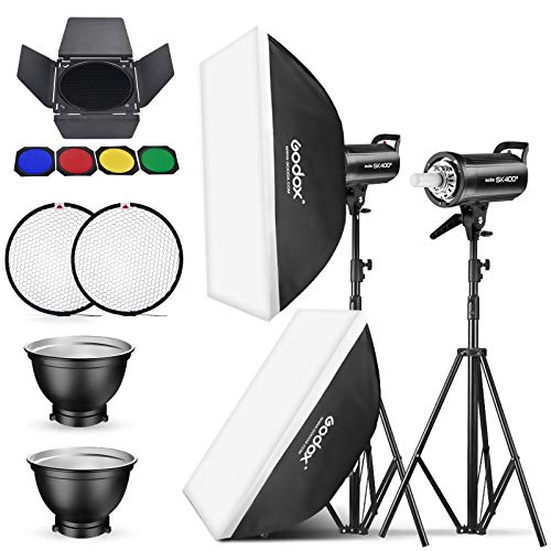 2 Pack Godox SK400II Studioblitz Strobe Bowens Mount Kit für Studioaufnahmen,Video und Portraitfotografie mit Softbox Lichtstativ Scheunentor Reflektor