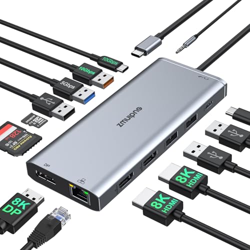 USB C Docking Station Triple Monitor 8K Display, 14 IN 1 Laptop DockingStation,USB C Hub Mit Dual HDMI,DP,USB 3.1&3.0,100W PD, USBC Data,Ethernet,SD/TF,Audio/Mic für Dell HP Lenovo
