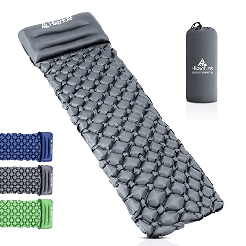 HIKENTURE Isomatte Camping kleines Packmaß Aufblasbare Luftmatratze Ultraleicht - Schlafmatte für Camping, Trekking, Backpacking (Grau mit Kissen)- Grey B4…