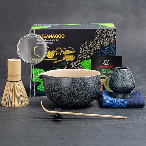 TEANAGOO Matcha Set | Matcha Tee Set | Matcha Schale |Matcha zubehör Set|Matcha Schüssel mit Ausgießer Bambus Matcha Whisk-7 Stück MatchaTea Sets für Matcha-Liebhaber,N17, Anthrazitgrau