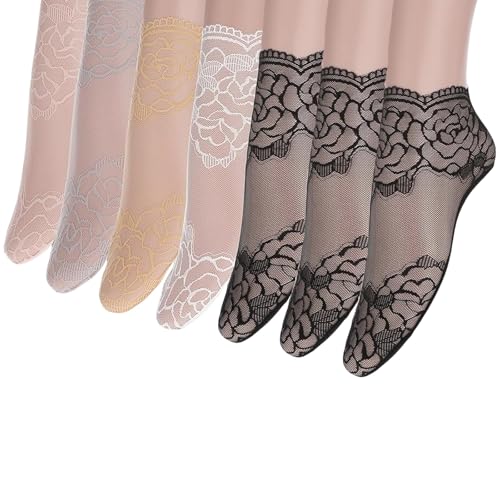 ClcIosis 7 Paar Socken Mit Rüschen Damen, Feinsöckchen Damen Nylon Socken Damen Feinstrumpfsöckchen(Weiß/Grau/Rosa/Schwarz/Hautfarbe)
