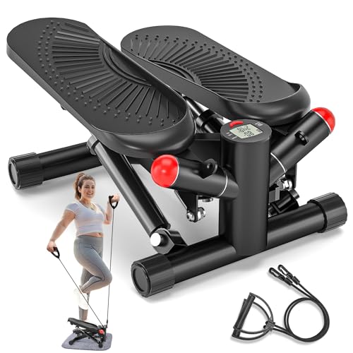 Mini Stepper für Zuhause mit Power Ropes, Höhenverstellbar Up-Down Swing Stepper mit LCD-Monitor, Stepper Hometrainer für Anfänger & Fitness Trainingsgerät 150kg Bein/Arm Trainer Home Fitness Exercise