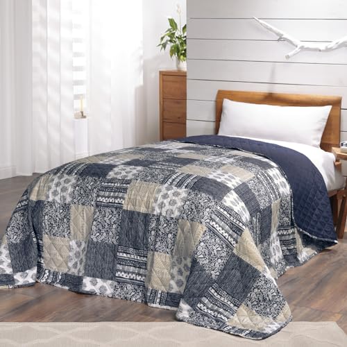 Tagesdecke Patchworkdecke Mellow Blue im Vintage Design, Einzelbett Bettüberwurf im Patchwork Stil, 140x210 cm