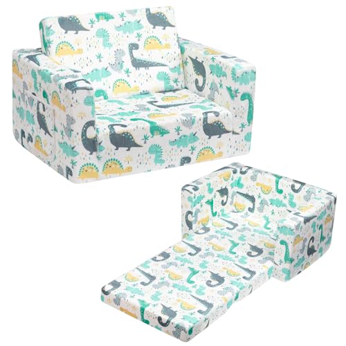 BEJOY Kindersofa Aufklappen 2 in 1 Schlafsofa, Kindersessel, Flanell Kinder Couch Ausklappbar Kinder Sofa für Kinderzimmer Kindertags- und Geburtstagsgeschenk für Mädchen und Jungen - Weiß mit Dinos