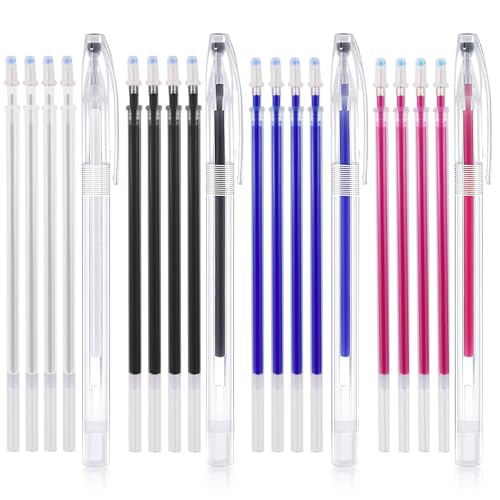 Hitze Löschbare Stifte, Stoffmarkierstift 4 Farben Stoff Markierungsstifte mit 20 Nachfüllungen, Wasserlöslich Stoffmarkierungsstift, Markierstift Nähen Selbstlöschend für Quilten Nähen Schneidern