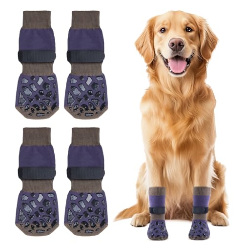 Oiyeefo Anti-Rutsch Hundesocken, 2 Paar Verletzungen Pfotenschutz Innenräume Hundeschuhe mit Verstellbarem Klettverschluss und Doppelseitige Silikongel für Kleine Mittlere und Große Hunde (Größe L)
