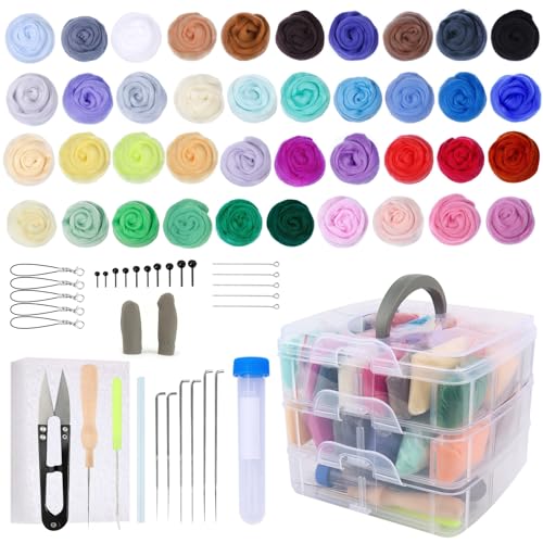VMUTGA 40 Farben Nadelfilz Set, 72 Stück Filzwolle Nadelfilzen Starter Kit mit Filznadeln Filzwerkzeugen Zubehör und Aufbewahrungsbox für Anfänger Filzwolle Nassfilzen Trockenfilzen DIY Handwerk
