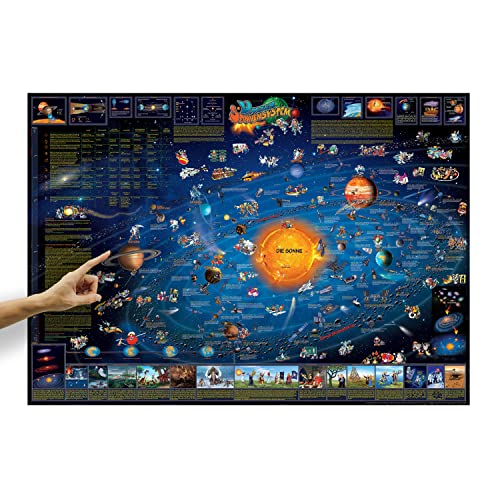 ORBIT GLOBES & MAPS Wandkarte Sonnensystem für Kinder, Deutsch im Poster-Format XXL 137 x 97 cm mit aufschlussreicher Legende zu allen 8 Planeten z.B Erde und Mars, Deko-Wandkarte für Kinderzimmer
