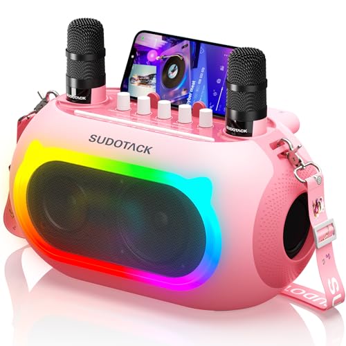SUDOTACK Karaoke Maschine mit 2 Kabellose Mikrofone, Bluetooth Lautsprecher Box mit Bass-/Höhen-Einstellung, Für Party, Outdoor, Hochzeit, Kirche, Picknick, Geschenk, Erwachsene/Kinder, Pink