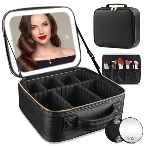 Reisekosmetiktasche mit beleuchtetem Spiegel, unterteilbare Kosmetiktasche Kosmetiktasche mit 3 Farbmodi dimmbaren Lichtspiegel, wasserdichte PU Leder Make up Organizer Tasche