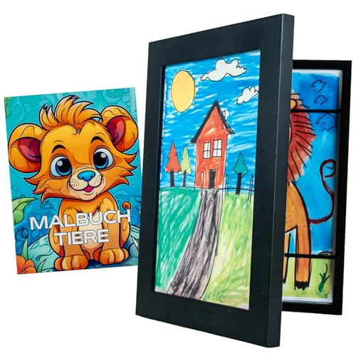 Cruciate Deals Kids – Bilderrahmen aus hochwertigem Holz für kinderzeichnungen A4 - Aufklappbar wechselbilderrahmen - mit Malbuch von Tieren (Schwarz)