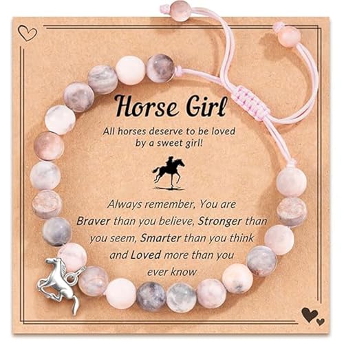 LunarCharm Armband mit Pferdeanhänger aus rosa Naturstein, Pferdegeschenke für Mädchen, Armband mit Pferdeanhänger für Mädchen, Enkelin, Tochter, Nichte, die Pferde liebte
