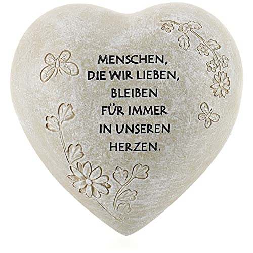 com-four® Grab-Dekoration in Herz-Form - Gedenkstein mit Aufschrift - wetterfester Grabschmuck mit Schmetterlingen - verzierter Trauerstein mit Gedenkspruch