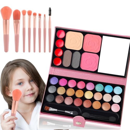 Make-up-Sets für Mädchen, Schminke Kinder 33 Farben, Kinder-Make-up-Spielzeug, Kinderkosmetik mit 8 waschbaren Pinseln, Bühnenaufführung, Halloween, Geburtstag, Party, Schönheitsset, Geschenk