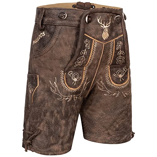 PAULGOS Kinder Trachten Lederhose KK2-ANTIK + Träger, Echtes Leder, Gr. 98-104, Schokobraun