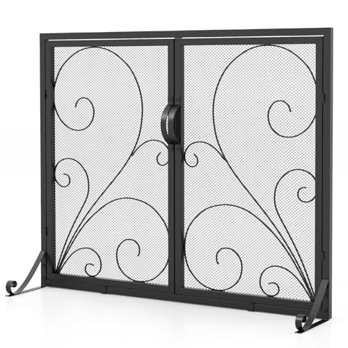 COSTWAY Kaminschutzgitter mit Doppeltüren, Kamingitter mit stabilen Stützhalterungen hinten & vorne, Kamin Funkenschutz, Kaminzaun, Kaminfunkenschutz, Funkenschutzgitter, schwarz, 96 x 78 cm