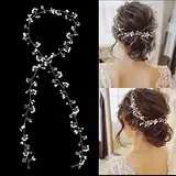 Hochzeit Braut Haar Rebe Blume Haarschmuck 100cm Silber Braut Haarranke Kopfschmuck Kristall Perlen Haarteil Stirnband Handgemacht Hochzeit Perlen Haardraht Zubehör für Damen Brautjungfer