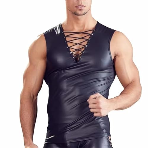 Limmion Herren Sexy T-Shirt Latex Shirts Herren Sexy Leder Weste Ärmellos Unterhemd Männer Muskelshirt Top V-Ausschnitt Unterhemden Kurzarm Lack Leder Erotik Unterwäsche Wetlook Unterhemd Reizwäsche