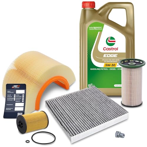 BESTPRICE Inspektionspaket Filterset mit 1x Ölfilter, 1x Kraftstofffilter, 1x Innenraumfilter (Aktivkohle), 1x Luftfilter, 1x Ölablassschraube mit Dichtung, 1x Motoröl 5W-30 LL Edge Titanium 5 l,