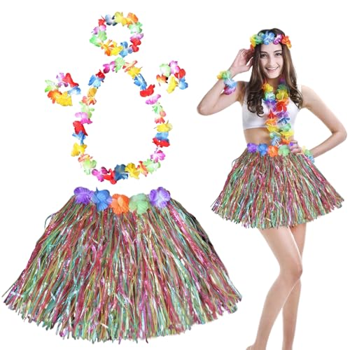 Hawaii Mottoparty Kostüme Set Rock Bastrock Hawaii Damen Hawaii Kostüm Inklusive Bastrock+Haarblume+Blumenkette+2 Blumenarmbänder für Frauen Sommer Strand Tropische Party Dekoration